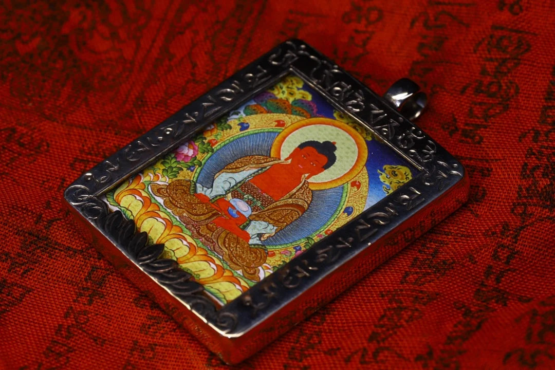 2"Tibetan Temple Collection Old Bronze Gilded silver Hand Painted Thangka Shakyamuni Buddha Pendant amulet Town House Exorcism