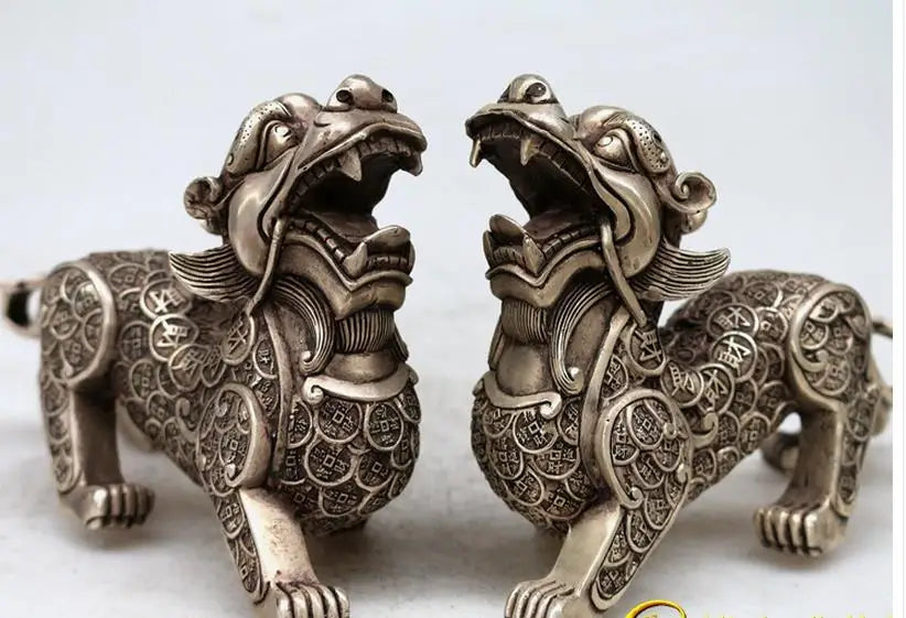 Antique 18th‑Century Silver Statue – Protective Mythical Creature for Good Luck