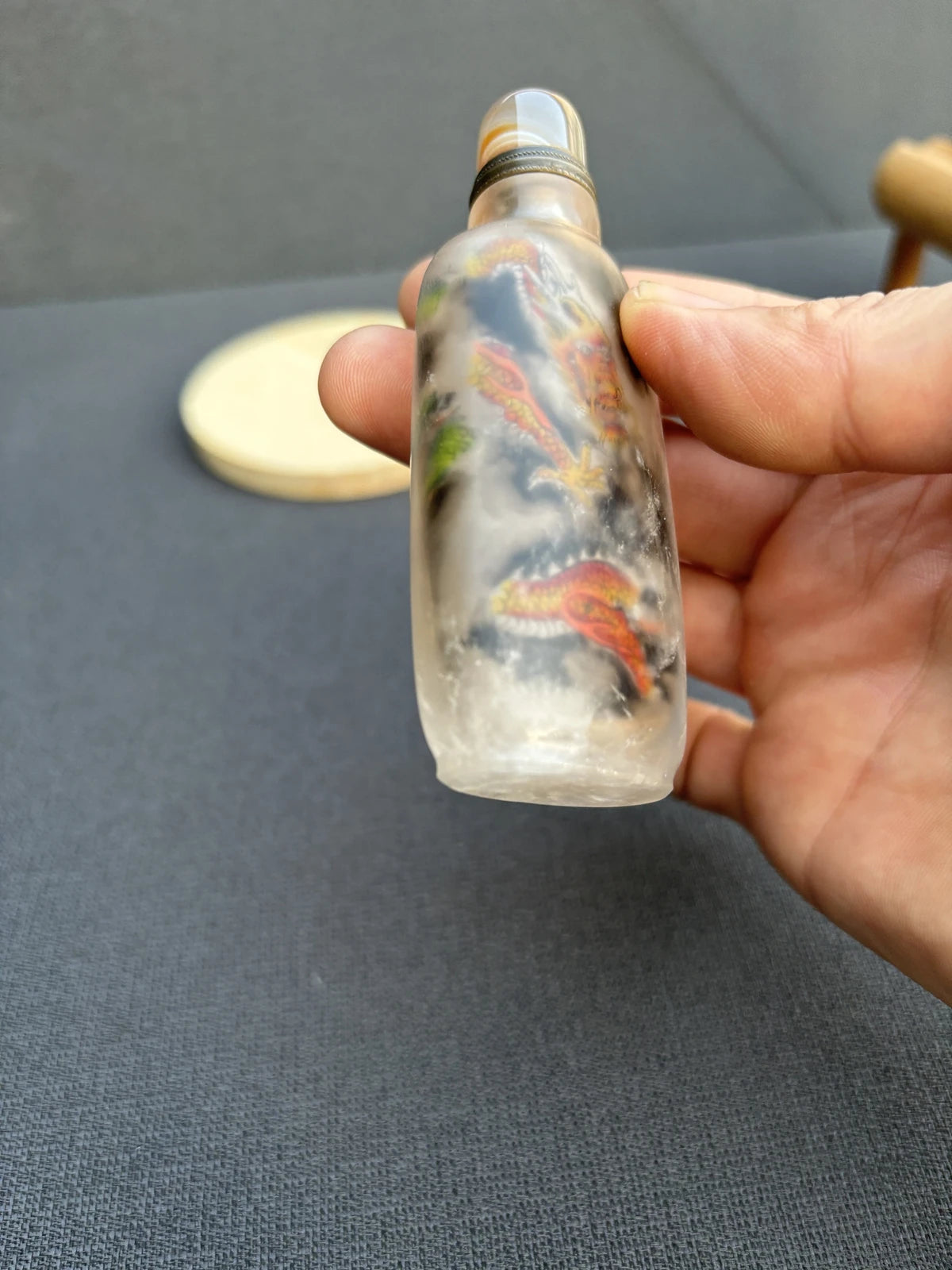 Antique Chinese Snuff Bottle with Natural Crystal and Inside Painting - Dragon Design