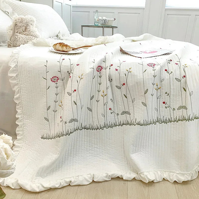 Korean Ruffle & Floral Embroidered Summer Quilt – Lightweight Cooling Bedspread & Coverlet