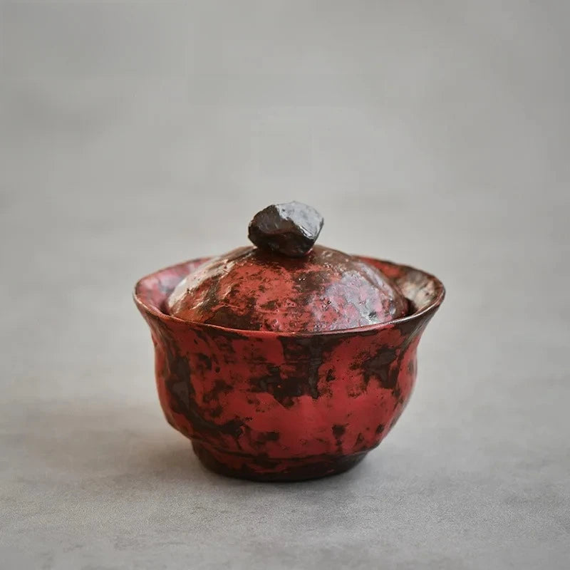 120ml Handmade Powder Yin Red Gaiwan – Japanese Coarse Pottery Tea Tureen
