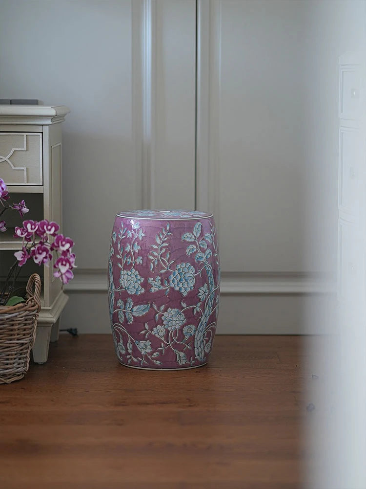 Hand-Painted Lavender Floral Ceramic Drum Stool | Botanical Accent Side Table