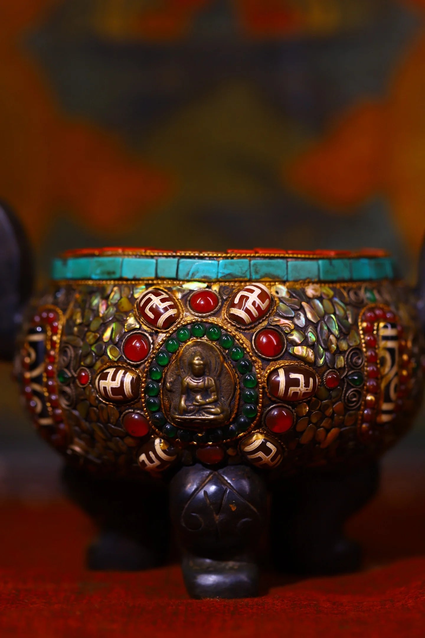 Tibetan Meteorite & Turquoise Shakyamuni Luding Incense Burner (9")
