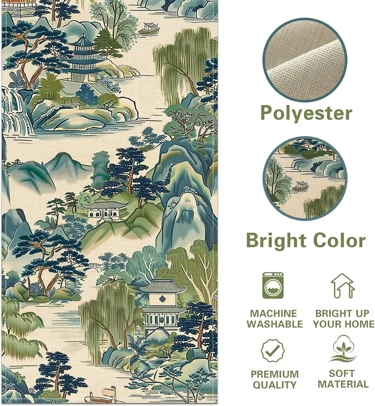 Chinoiserie Shan Shui Landscape Linen Table Runner | Blue, Green & White Dining Decor