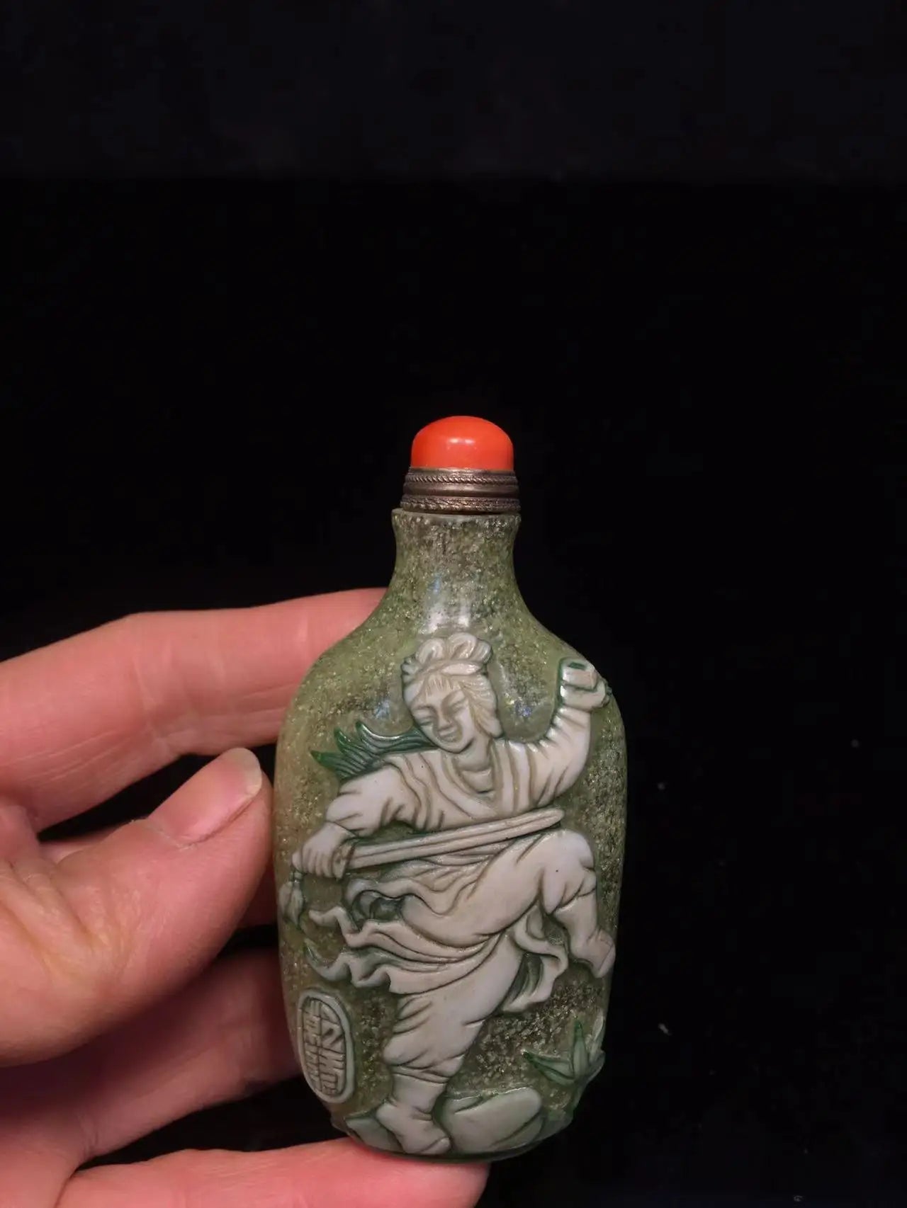 Vintage, Green-Glazed Snuff Bottle with Unique Martial Arts Design