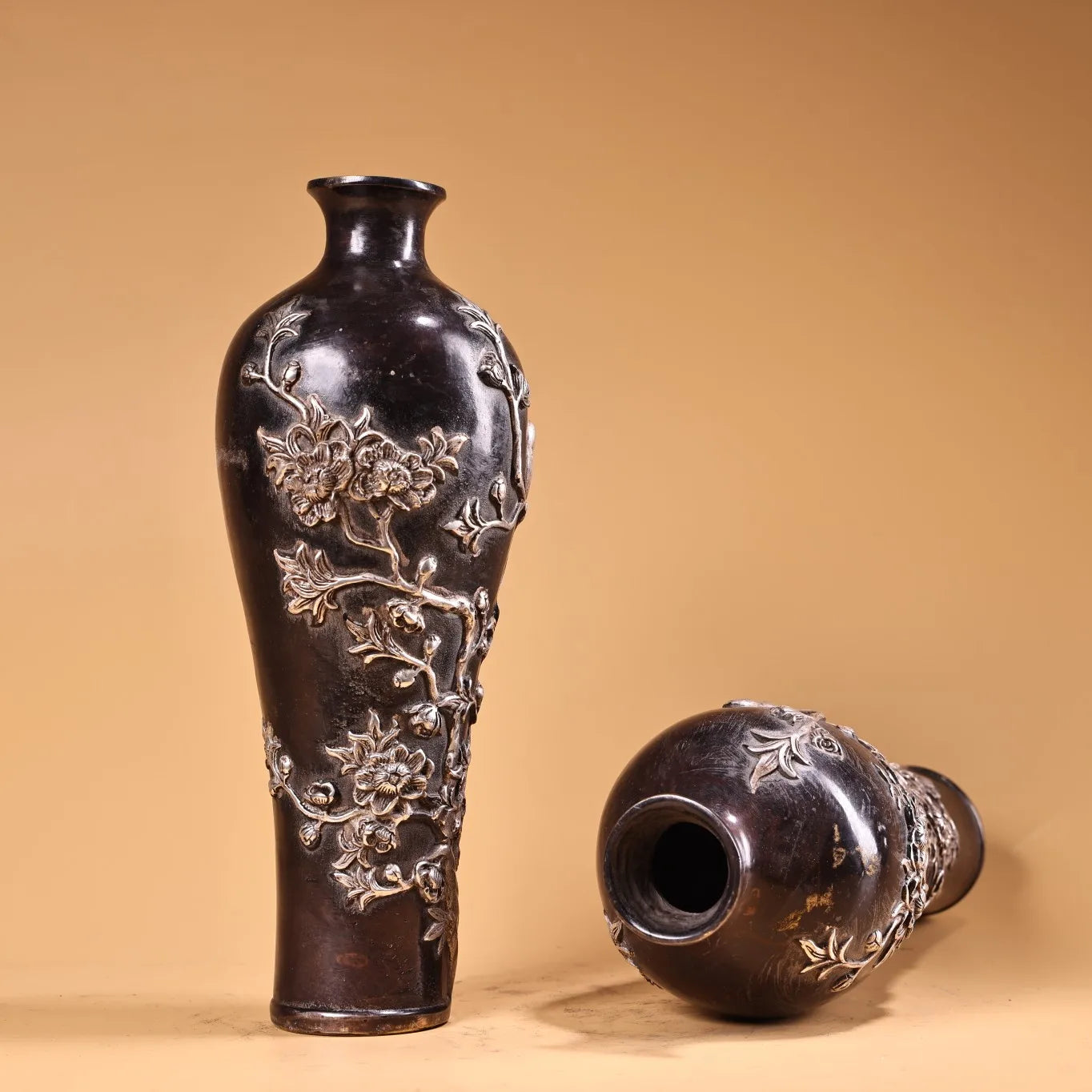 9" Bronze Gilded Silver Magpie & Plum Blossom Vase Pair