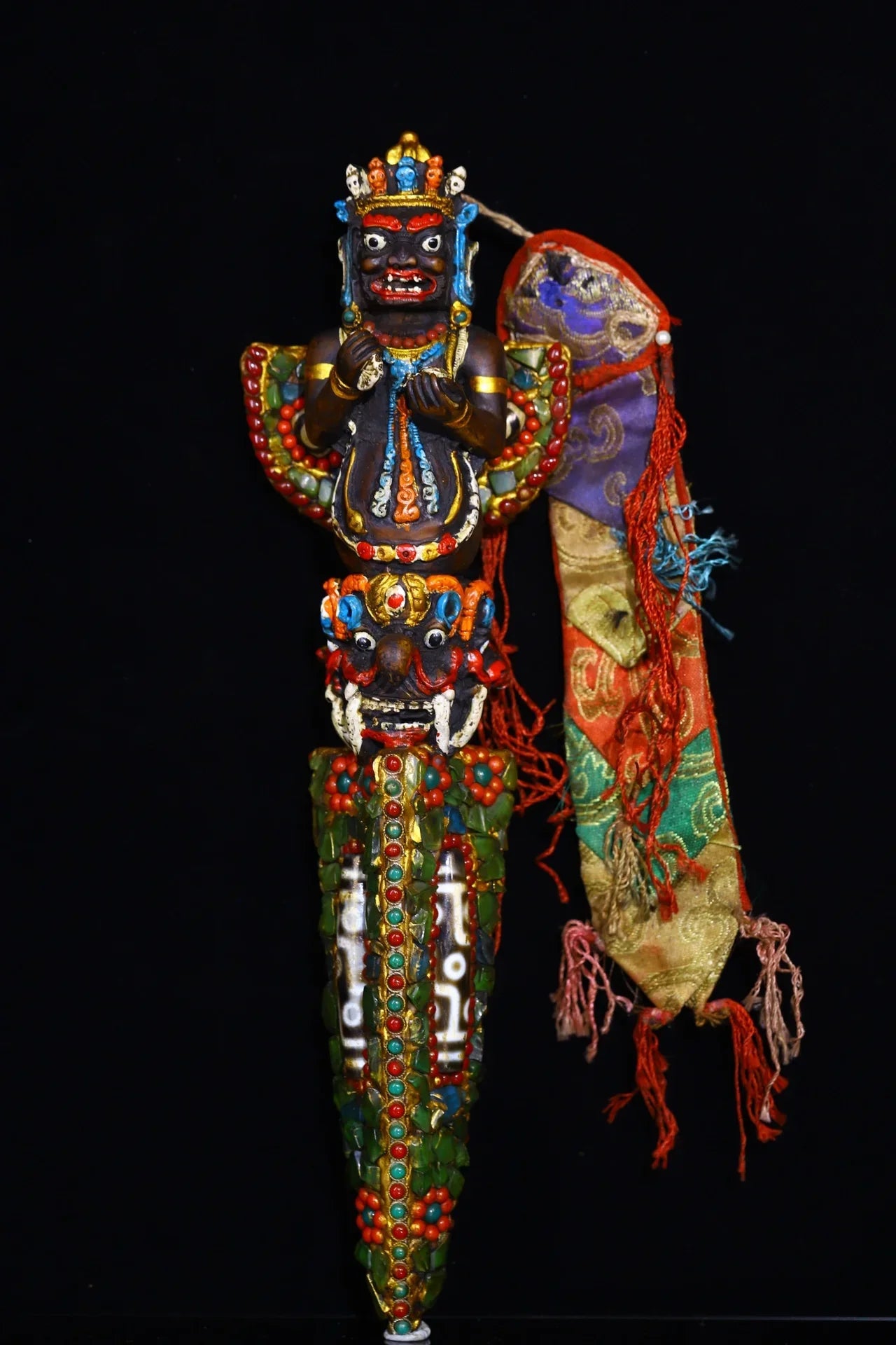 13"Tibetan Temple Collection yak bone Mosaic Gem gZi Beads Shell Puba Vajra Buddha Head Vajra Phurpa Amulet Dharam Town house