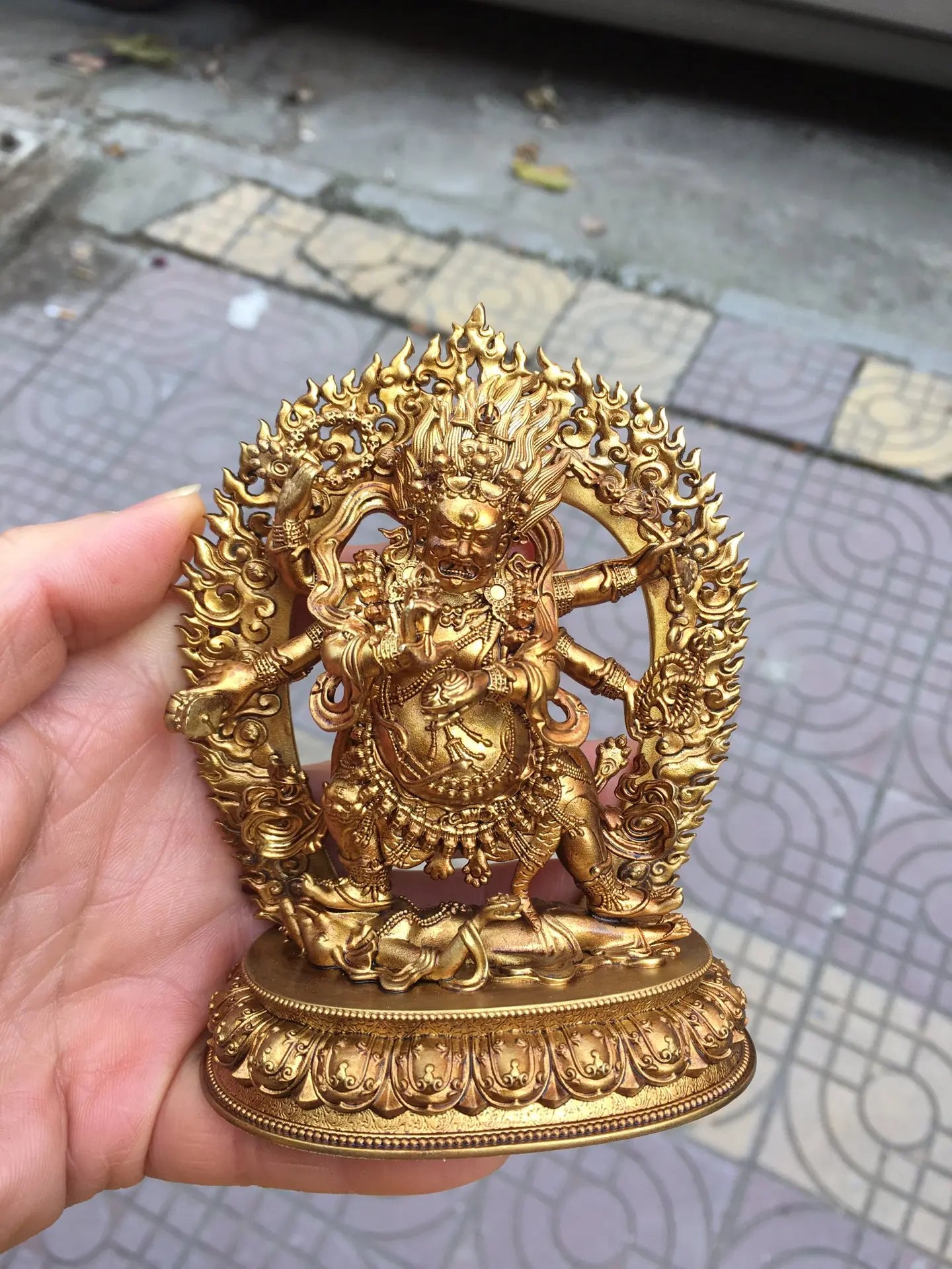 4" Tibetan Temple Collection Old Bronze Gilded Six-Armed Mahakala on Lotus Terrace