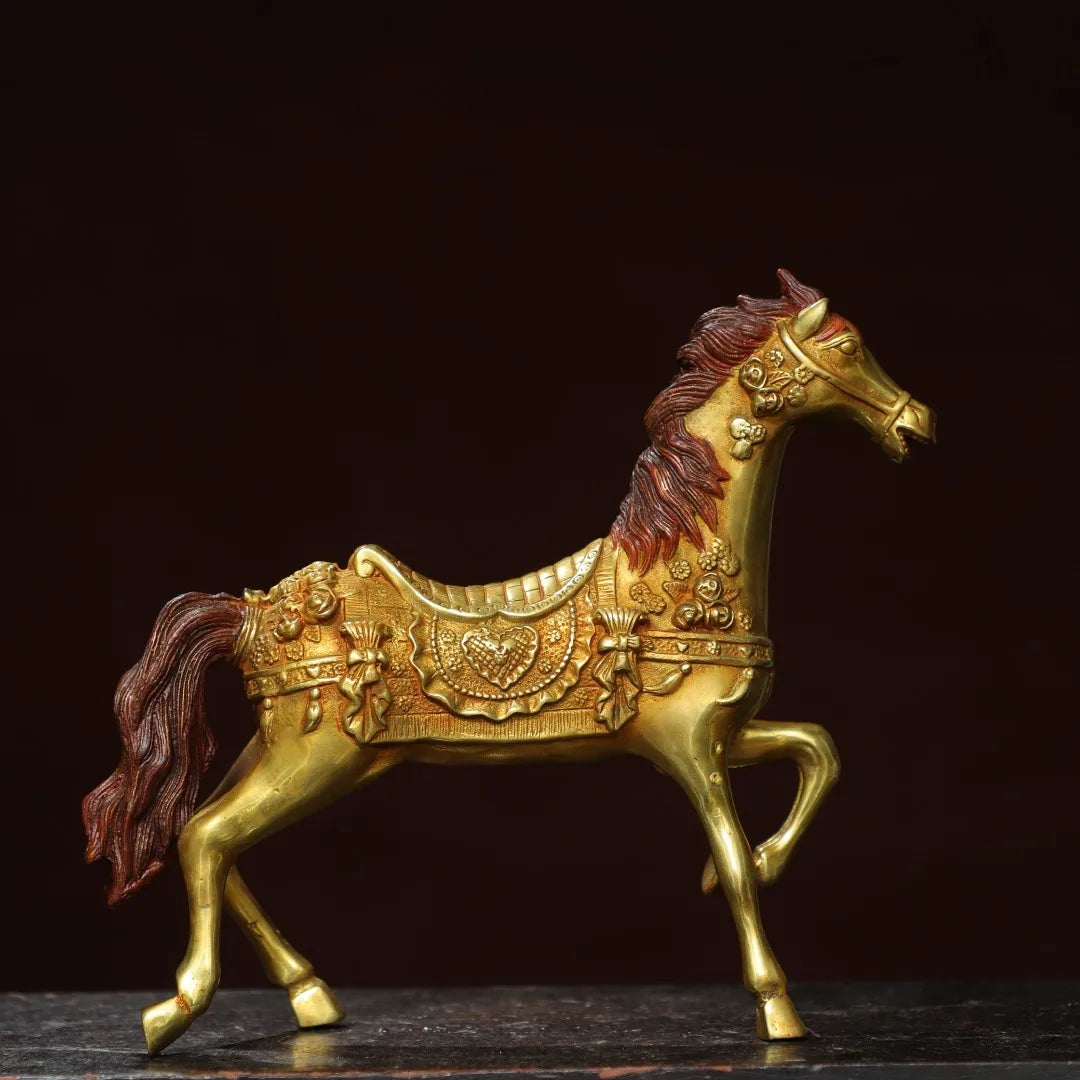Tibetan Bronze Gilded Cinnabar Tang Horse Statue (10")