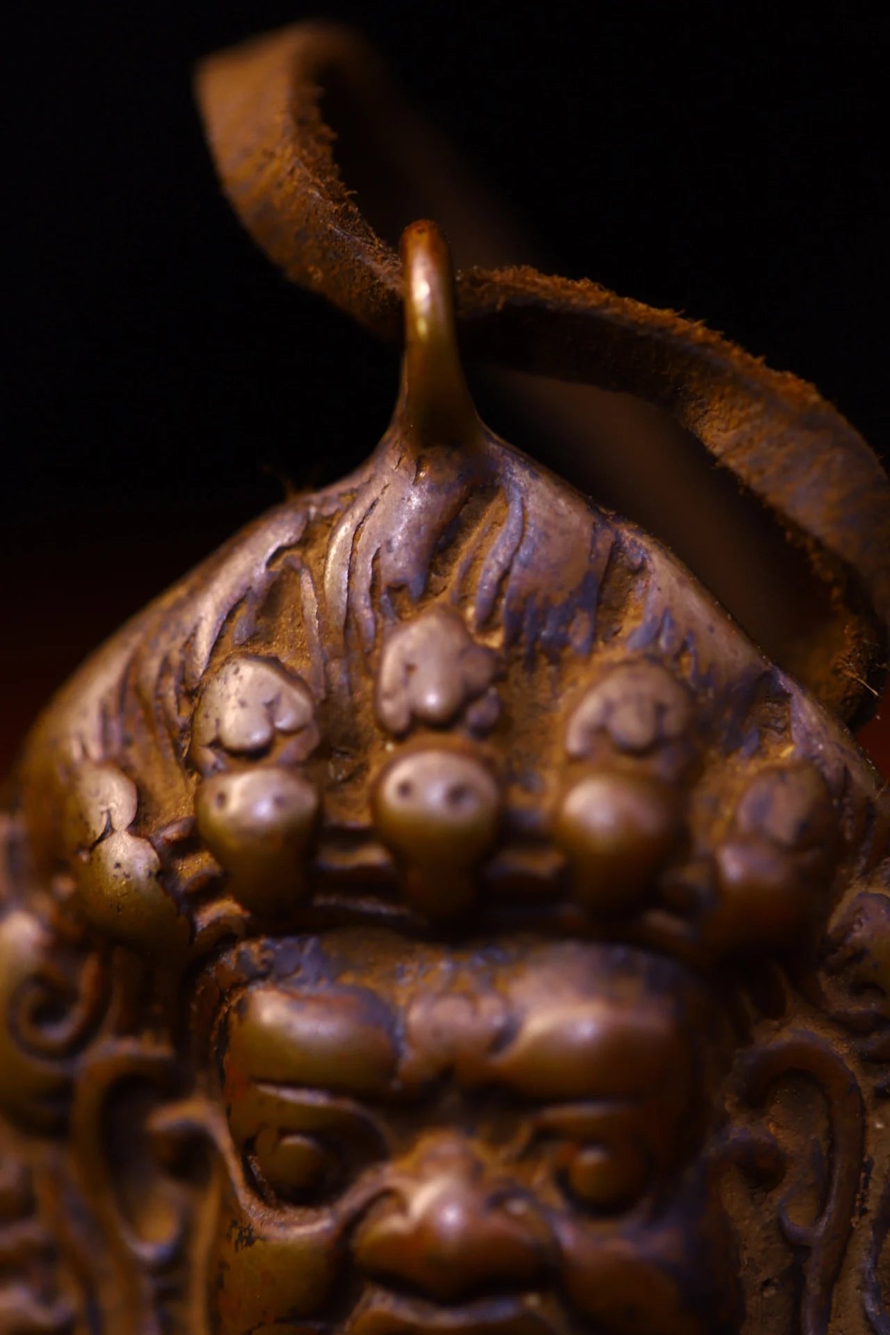 Bronze Cinnabar Mahakala Head Pendant – Temple Protector Amulet