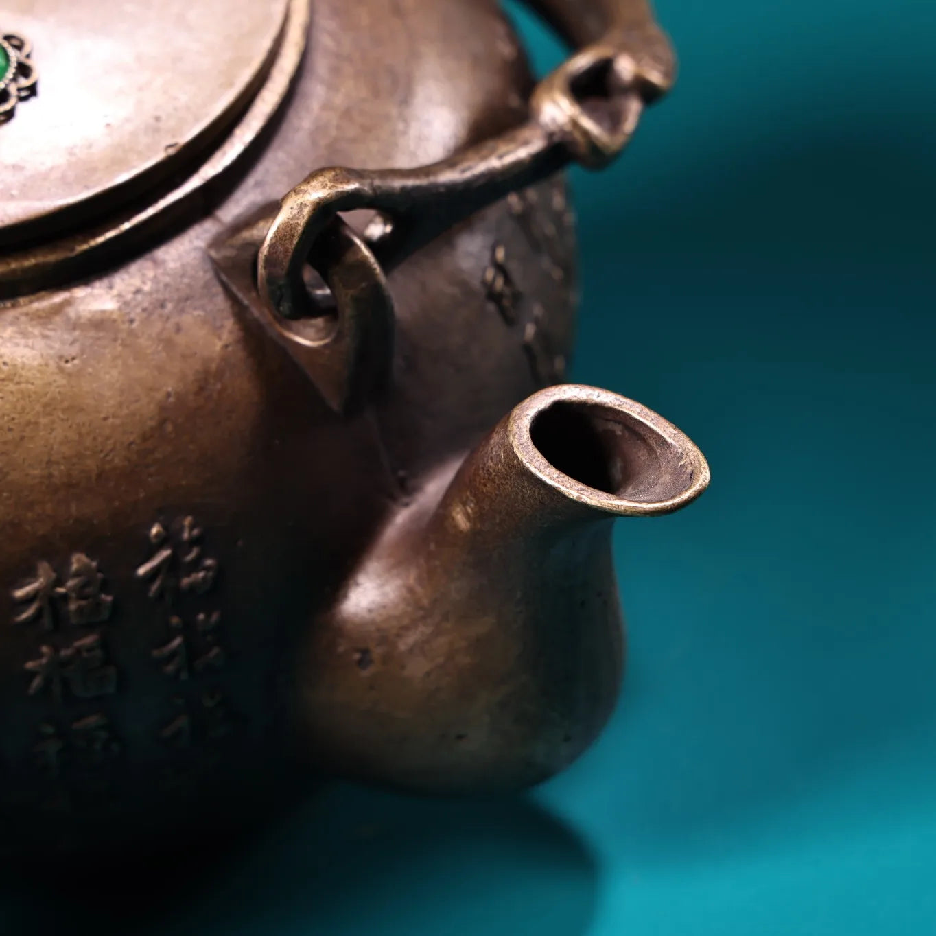 8" Tibetan Temple Collection Old Bronze Cinnabar Mosaic Gem “Hundred Blessings” Pot / Teapot