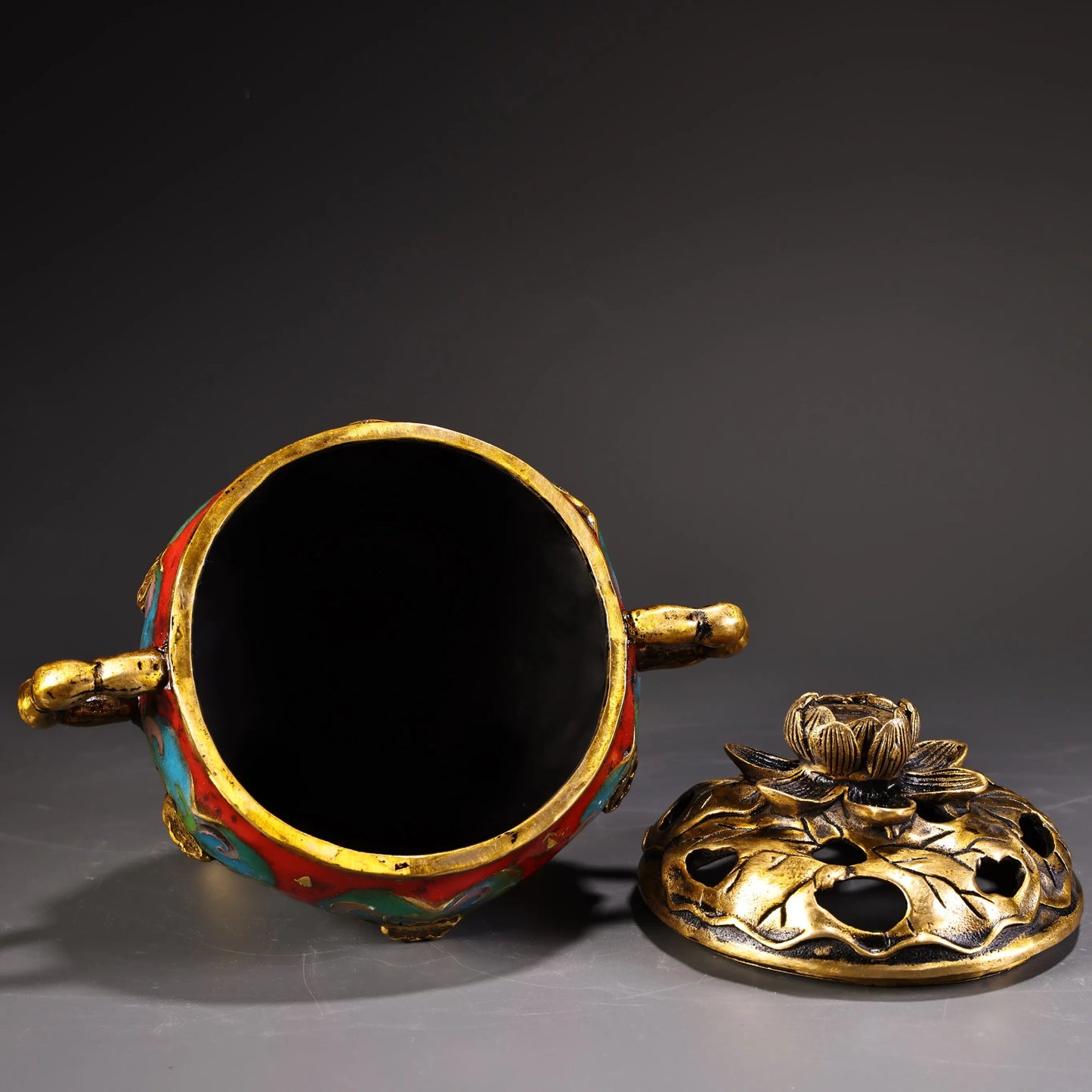 6"Tibetan Temple Collection Old Bronze Cloisonn Enamel High Relief Lotus cover Lotus Root Ear Three Legged Incense Burner