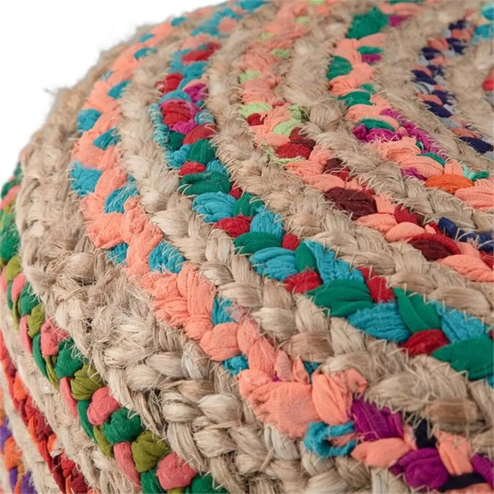 Handcrafted Braided Jute & Cotton Round Pouf Ottoman | 20.1" Woven Footstool