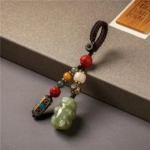 Pure hand-carved Hetian jade pendant Pixiu car keychain male simple female natal year gift