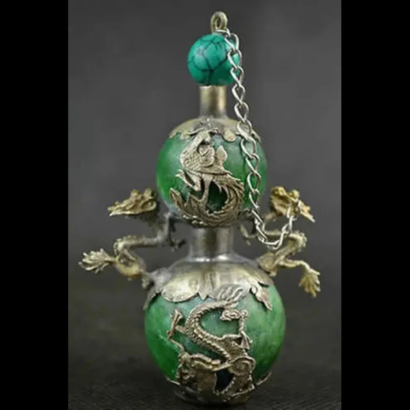 Exquisite Chinese Handmade Green Jade Snuff Bottle with Dragon & Phoenix Metal Design