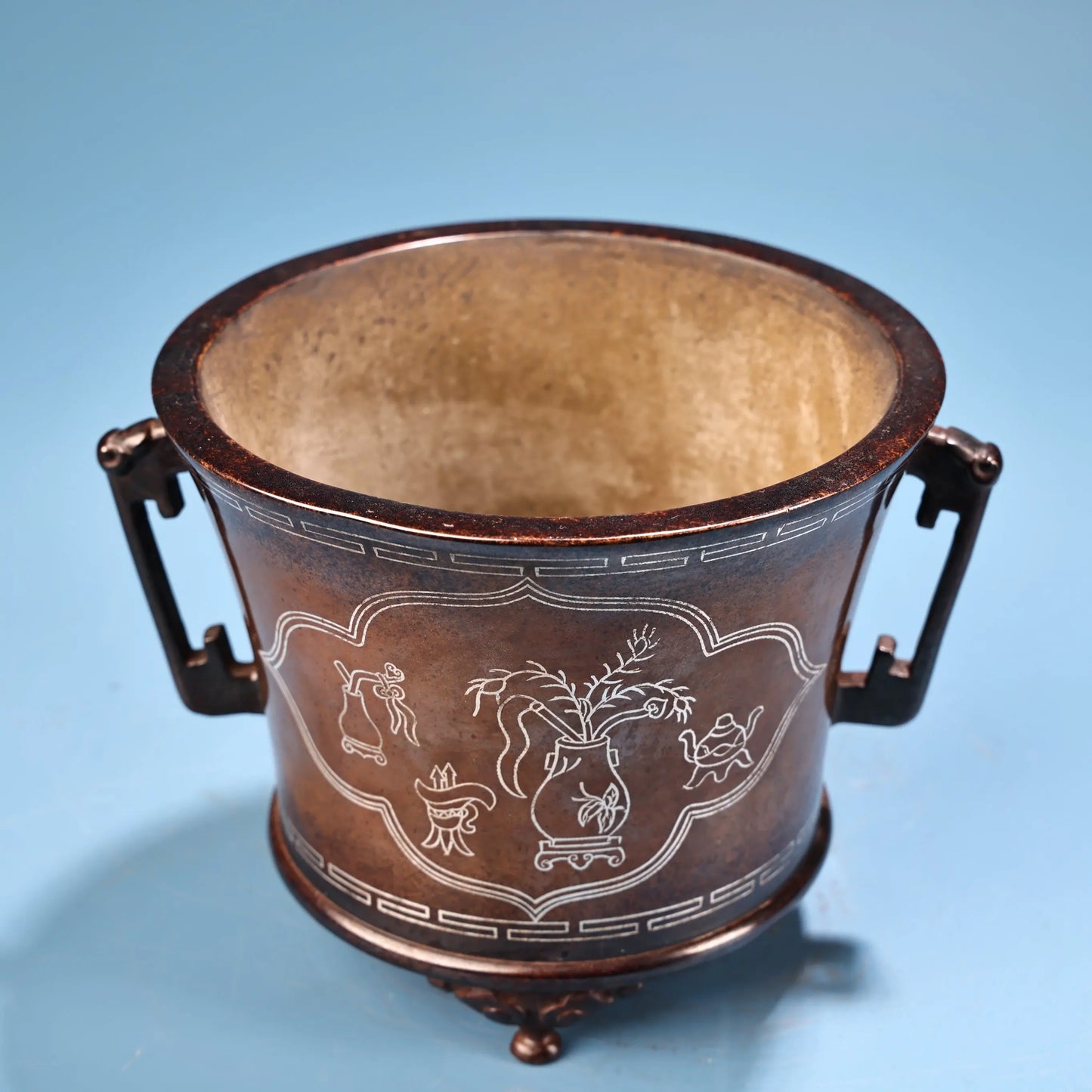 Tibetan Temple Purple-Bronze Incense Burner – Semi‑Antique Ruyi Ear Censer with Silver Inlay (6")