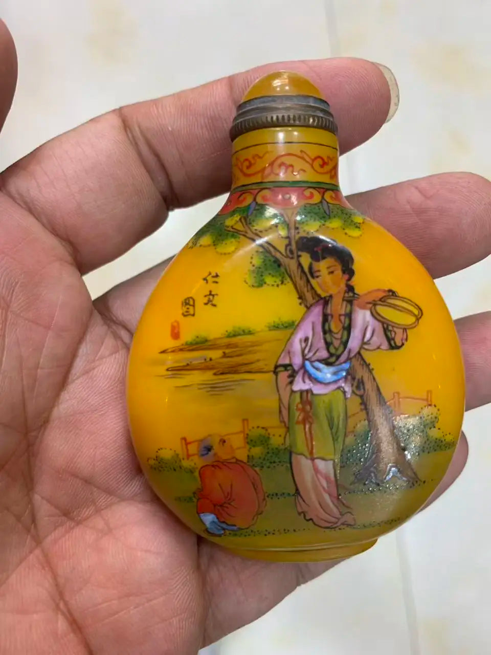 Antique Qing Dynasty Colored Glaze Snuff Bottle, - Mother-son Painting