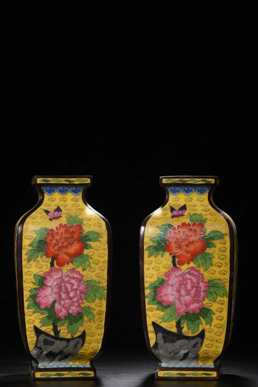 10" Tibetan Temple Collection Old Bronze Cloisonné Enamel Dragon & Phoenix Square Bottle Vases (Pair)