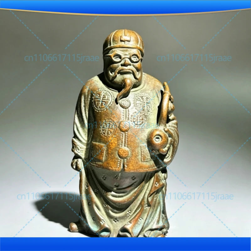 Old Chinese Japanese Boxwood Hand Carved Moneybags Rich Man God of Wealth Statue Netsuke Table Decoration