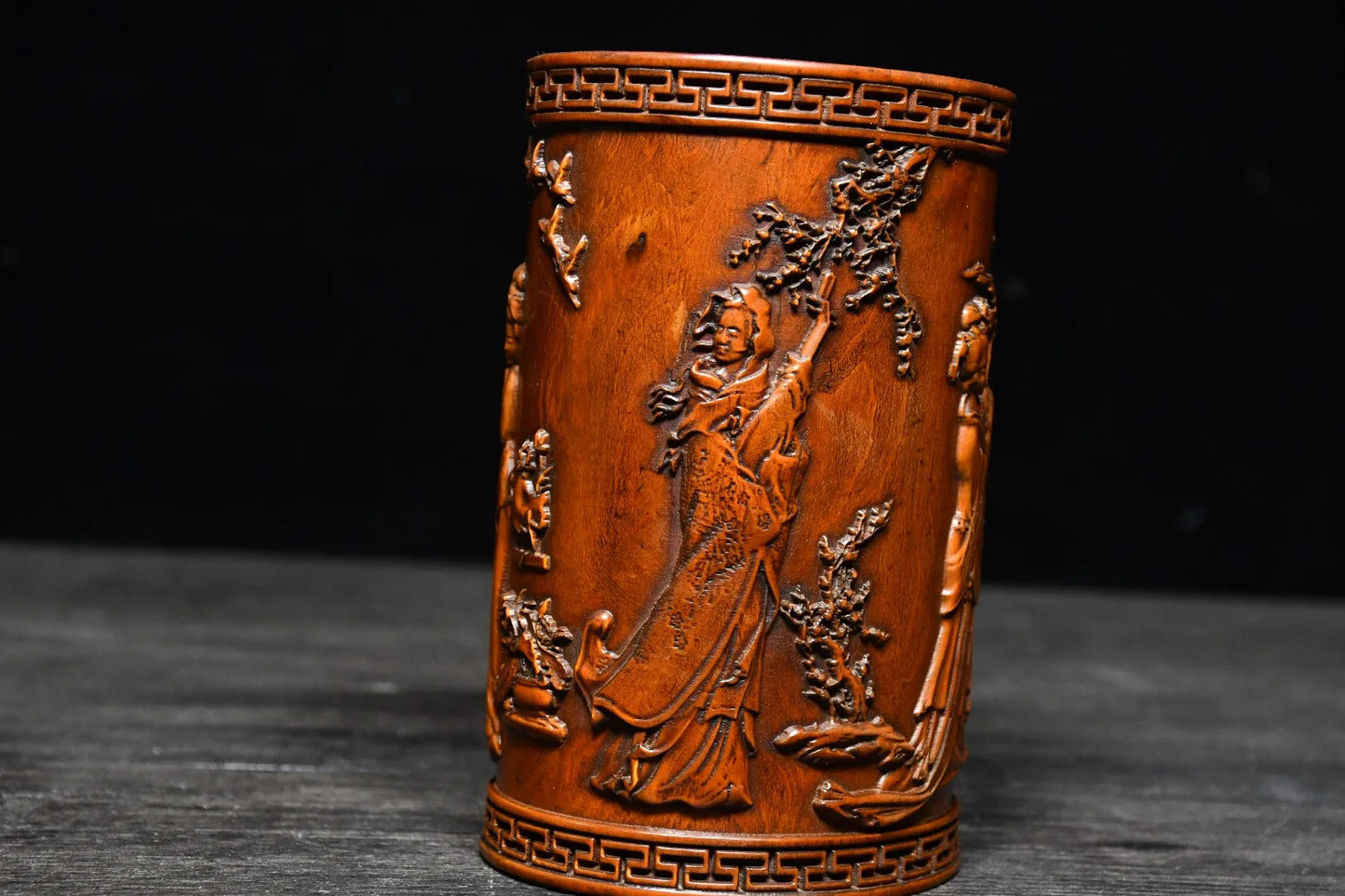 5"Tibetan Temple Collection Old Boxwood Classical four beauties Statue pattern Pen holder Office Supplies Wooden penholder