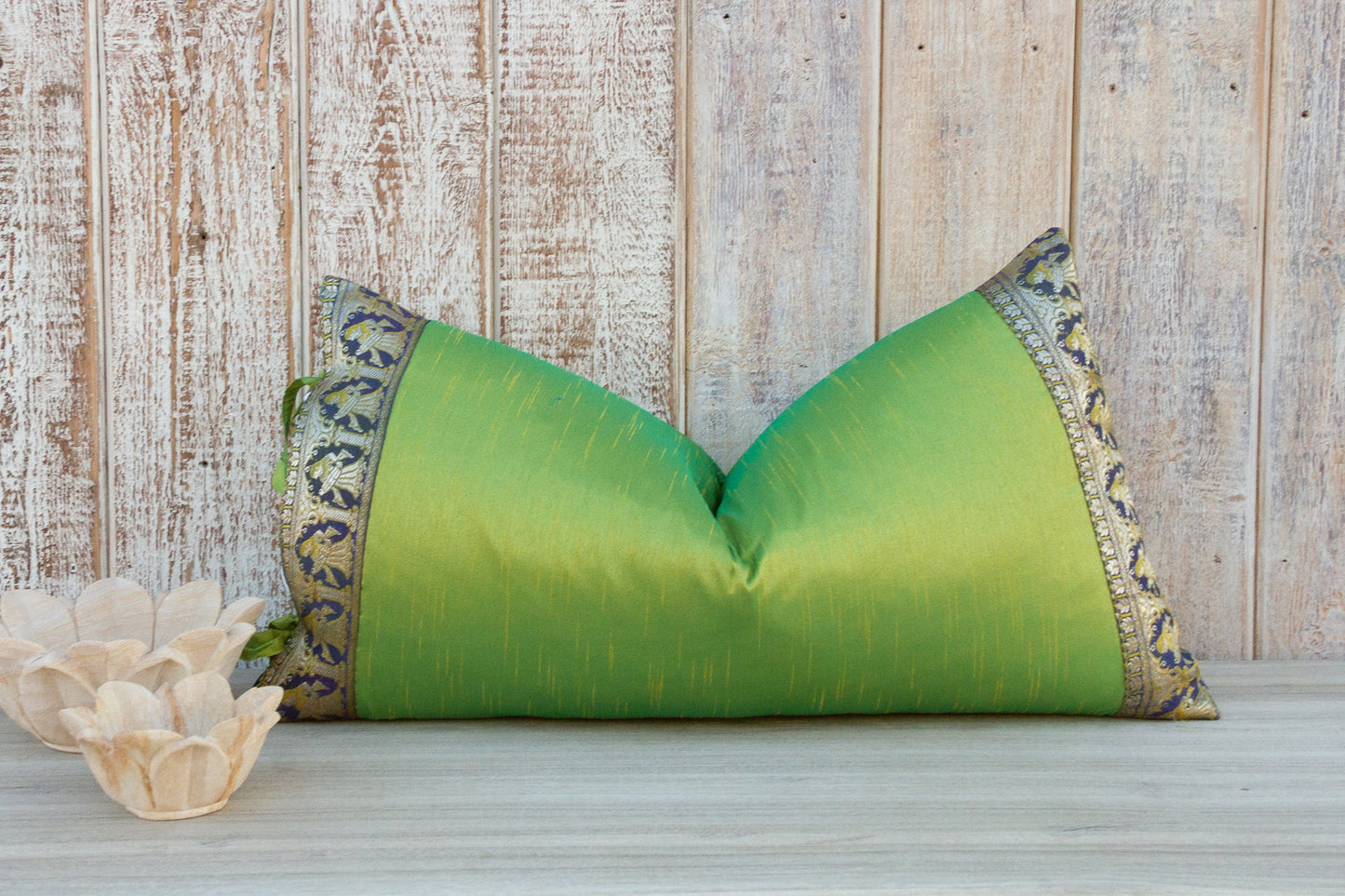 Lime Green Large Festive Indian Silk Queen Lumbar Pillow Cover