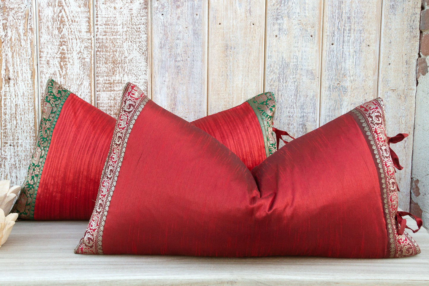 Rohi Large Festive Indian Silk Pillowcase Made with Vintage Fabric and Lace