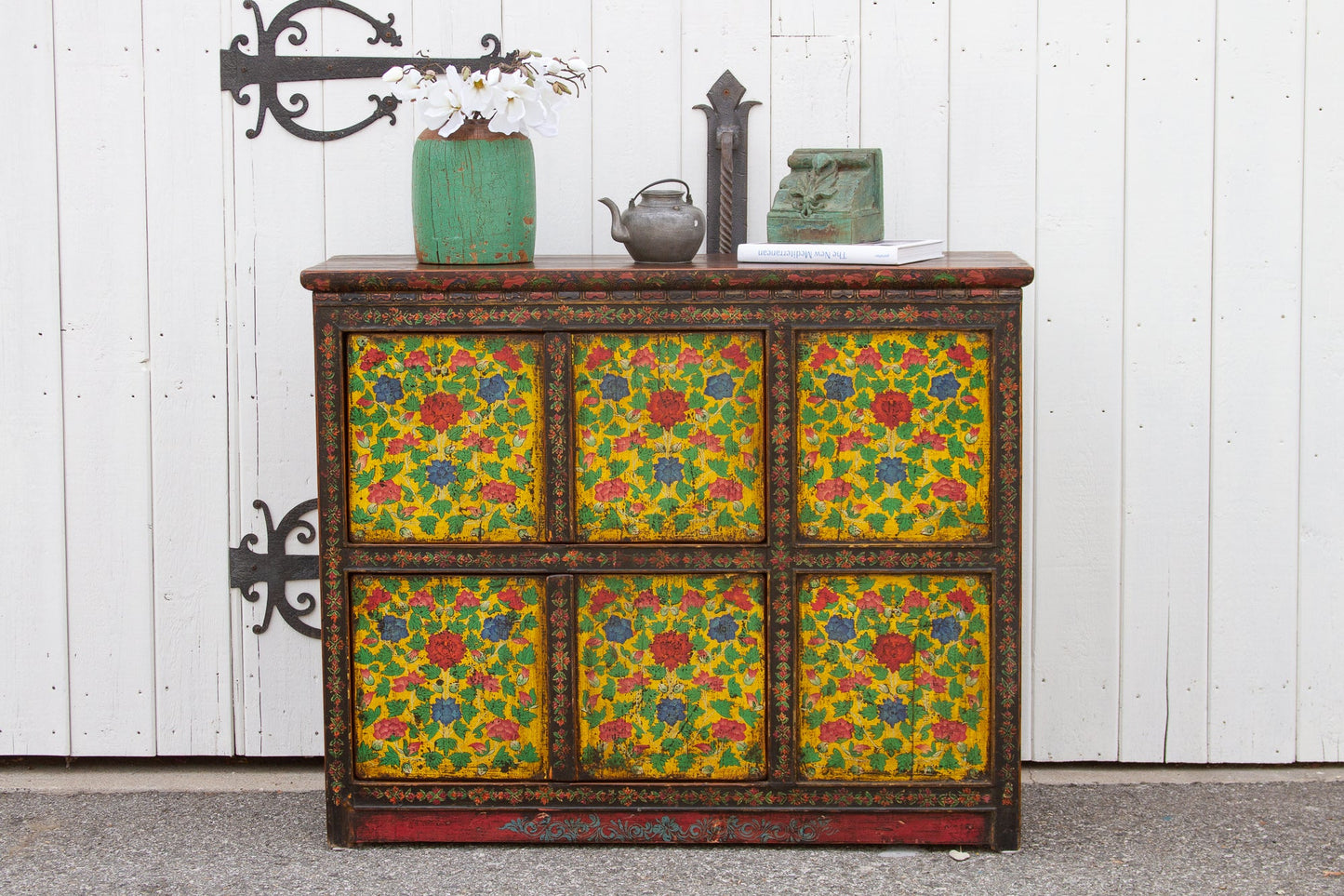 Antique Painted Floral Tibetan Cabinet