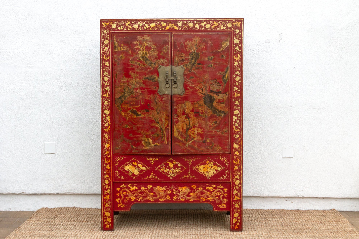 Antique Oriental Red & Guilt Lacquered Armoire