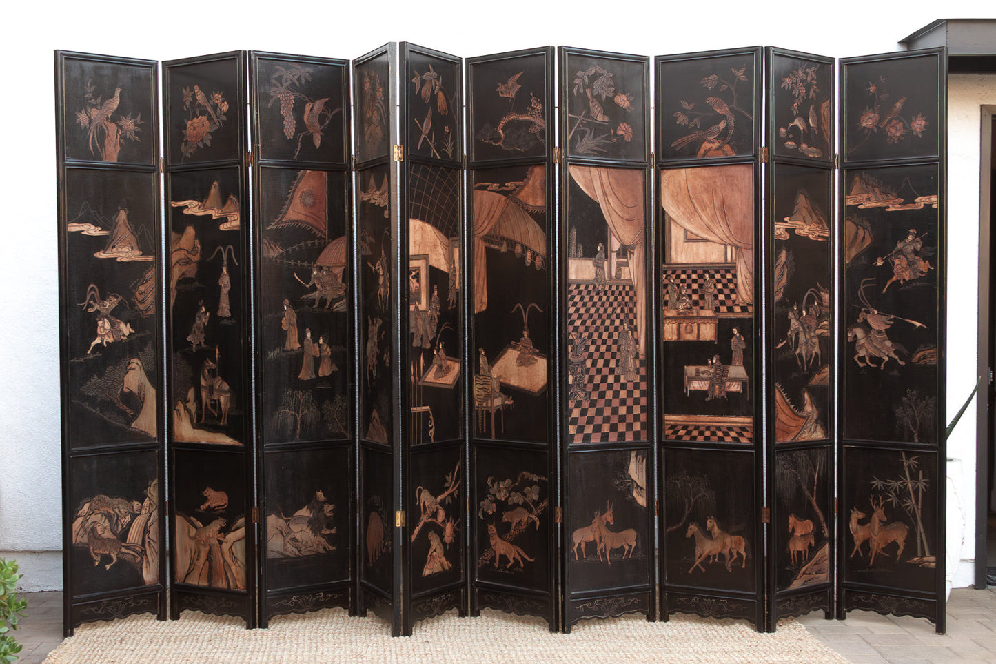 Antique Monumental Black & Gold 10-Panel Coromandel Screen