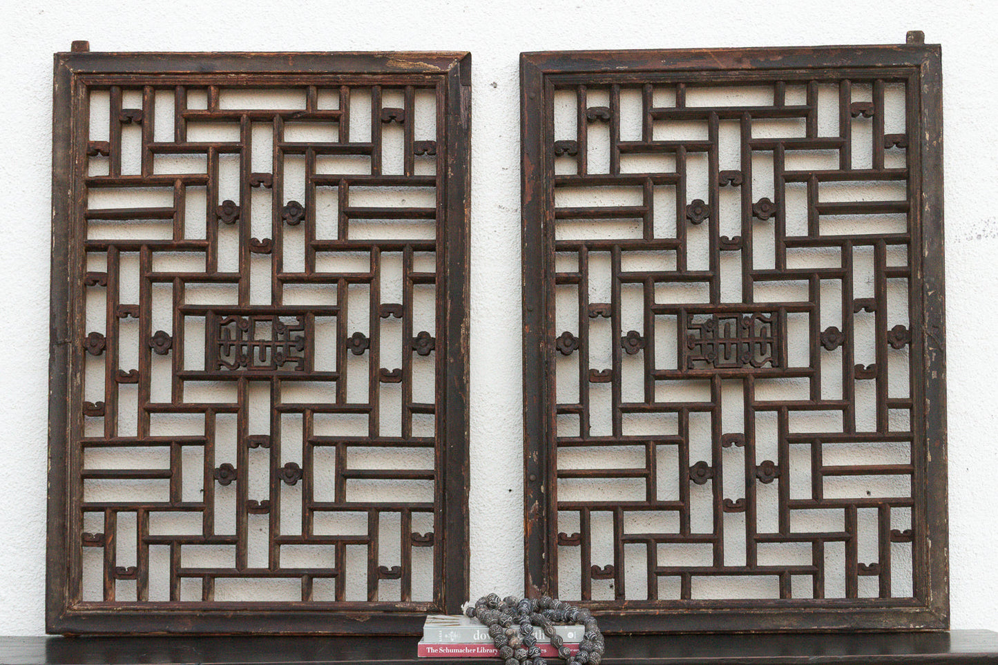 Pair of Antique Qing Dynasty Geometric Lattice Windows