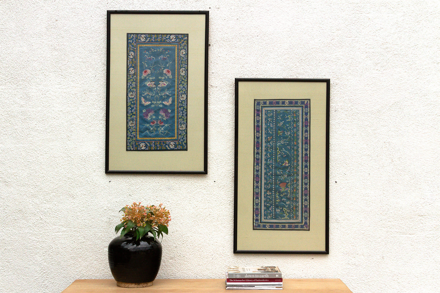 Pair of Antique Qing Dynasty Teal Blue Silk Embroidered Panels