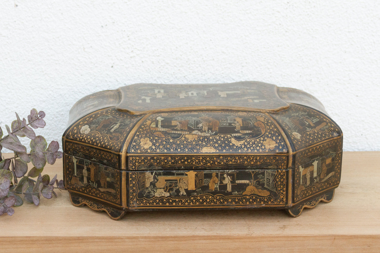 Large Antique Wood Black & Gold Chinoiserie Box