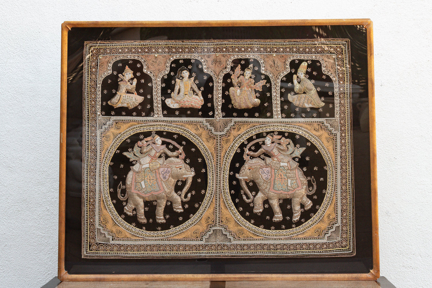 Large Framed Antique Burmese Kalaga Elephants Tapestry