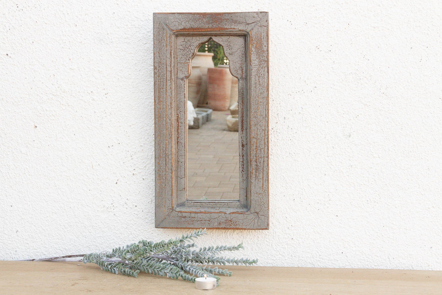 Vintage Slate Gray Indian Arched Mirror