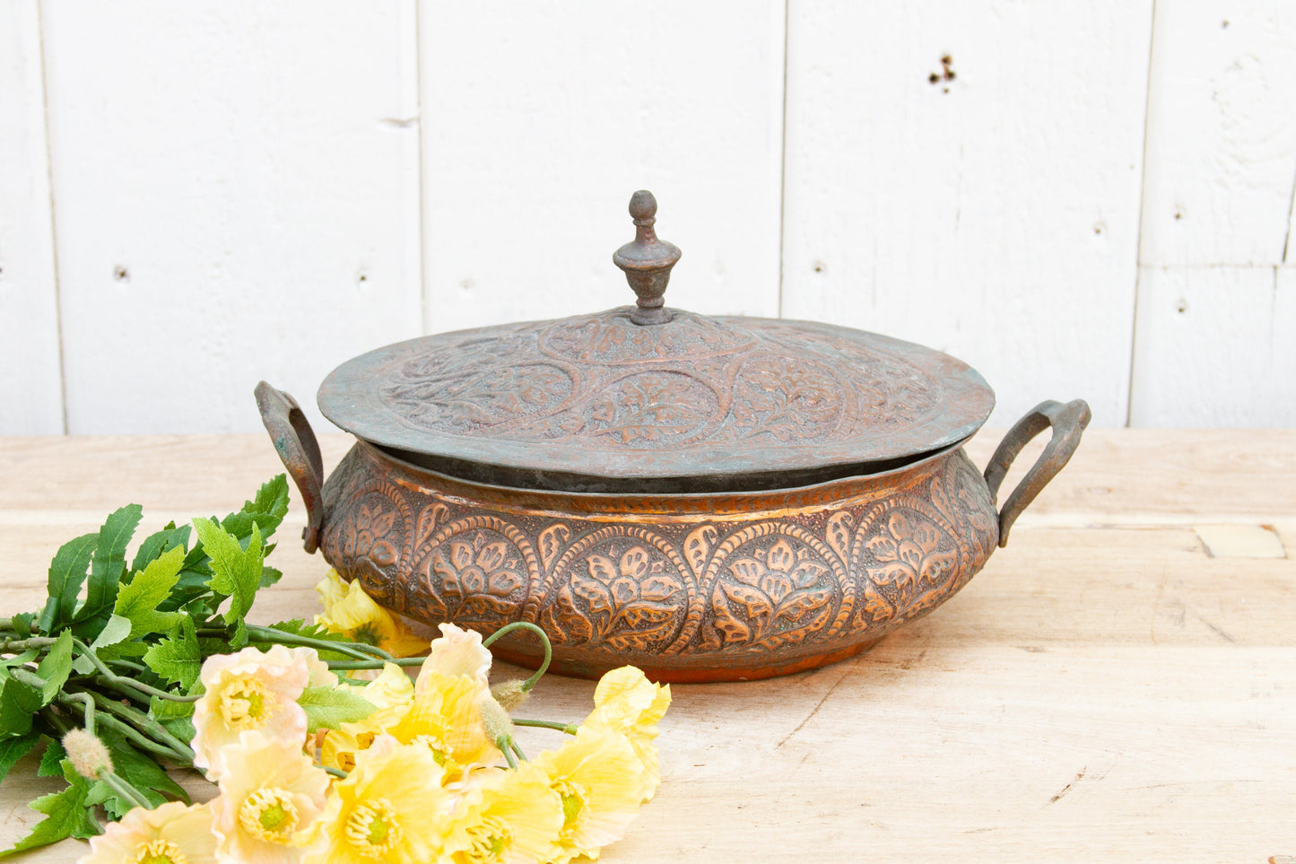 Antique Floral Engraved Copper Bowl