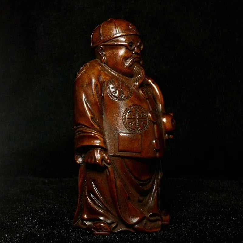 Old Chinese Japanese Boxwood Hand Carved Moneybags Rich Man God of Wealth Statue Netsuke Table Decoration