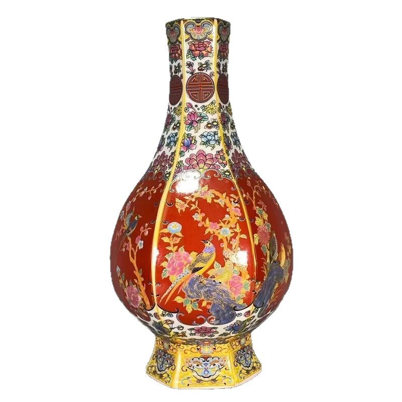 Ceramic Vase with Enamel Flowers and Birds