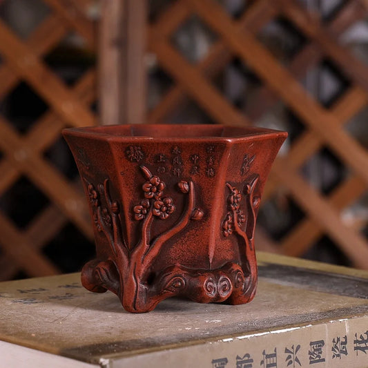 Purple Sand Plum Blossom Bonsai Pot – Carved Traditional Chinese Planter