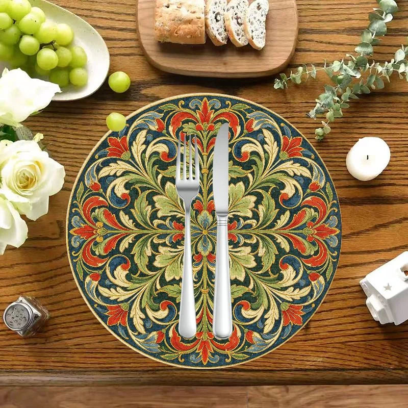 Vikama Wabi-Sabi Round Placemat – Black & White Distressed Texture or Floral Dining Mat