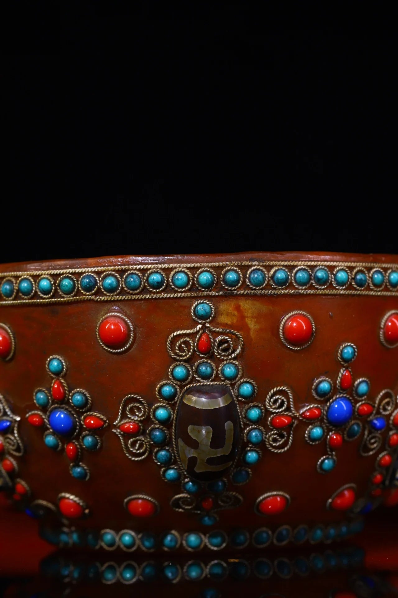 Tibetan Crystal Mosaic Gem gZi Bead Buddha Bowl (5")