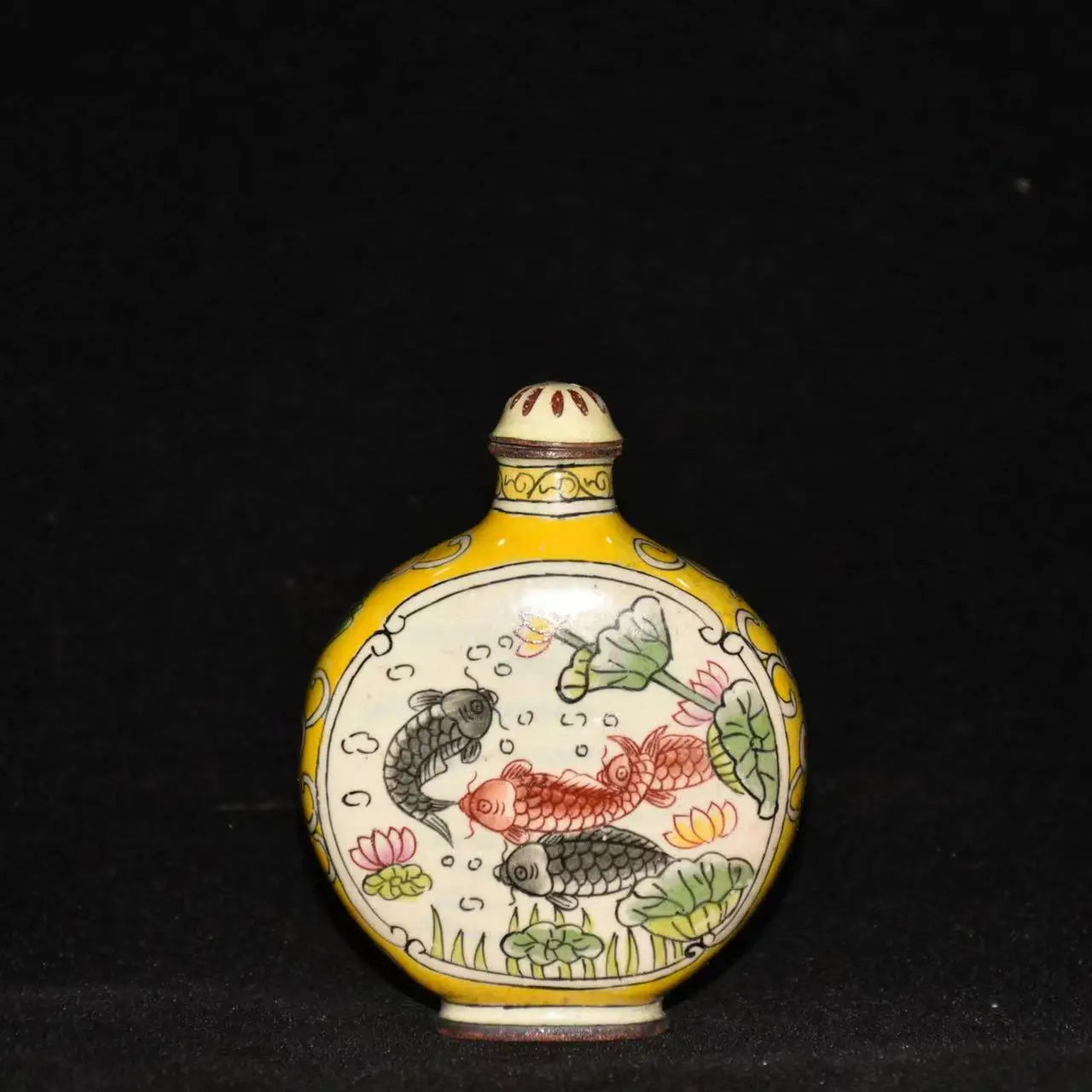 Antique Qing Dynasty Snuff Bottle Made with Copper and Enamel - Painted Fish Design