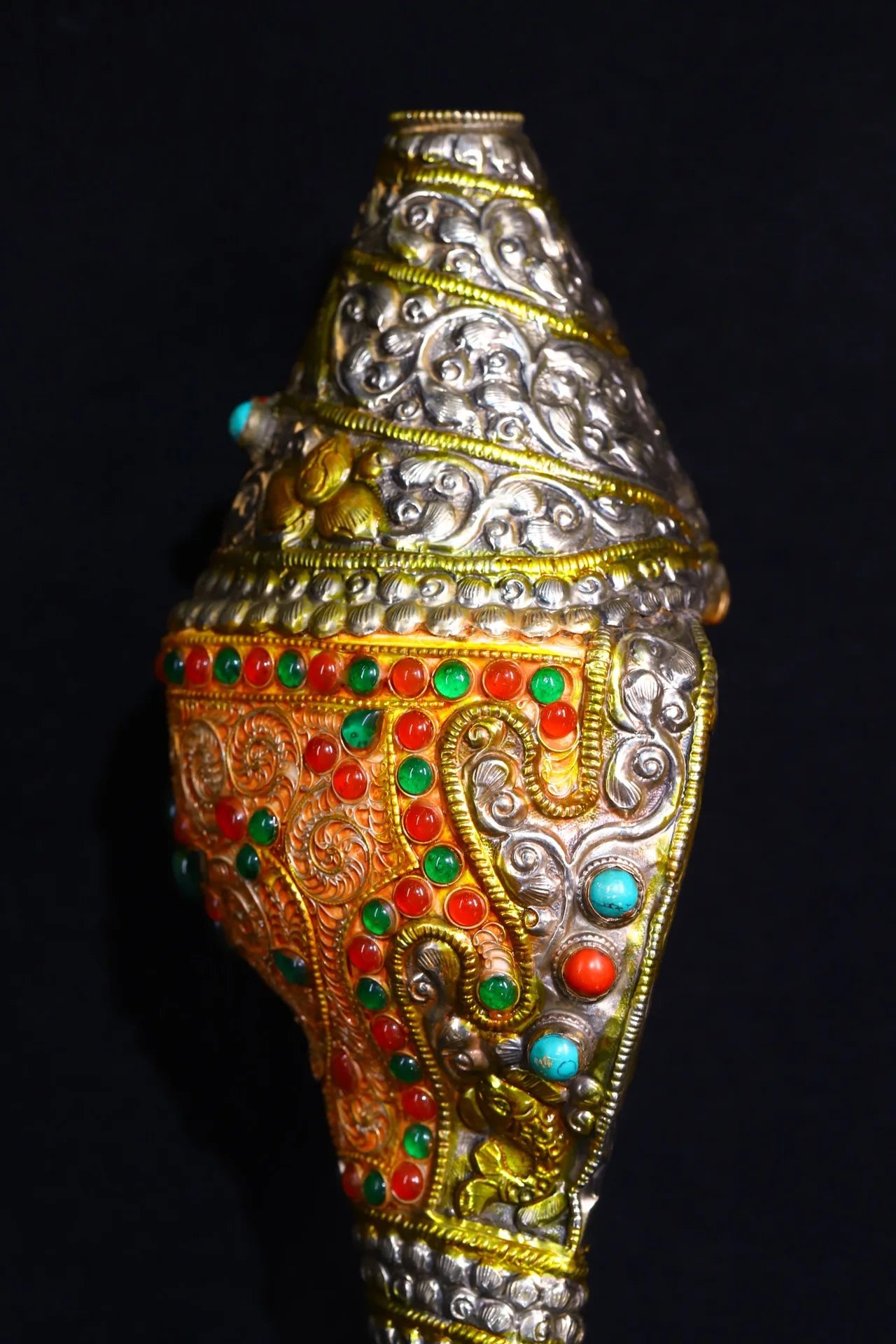 12"Tibetan Temple Collection Old Natural Conch Tibetan silver Gilded Mosaic Gem Conch Amulet Dharma Town house Exorcism