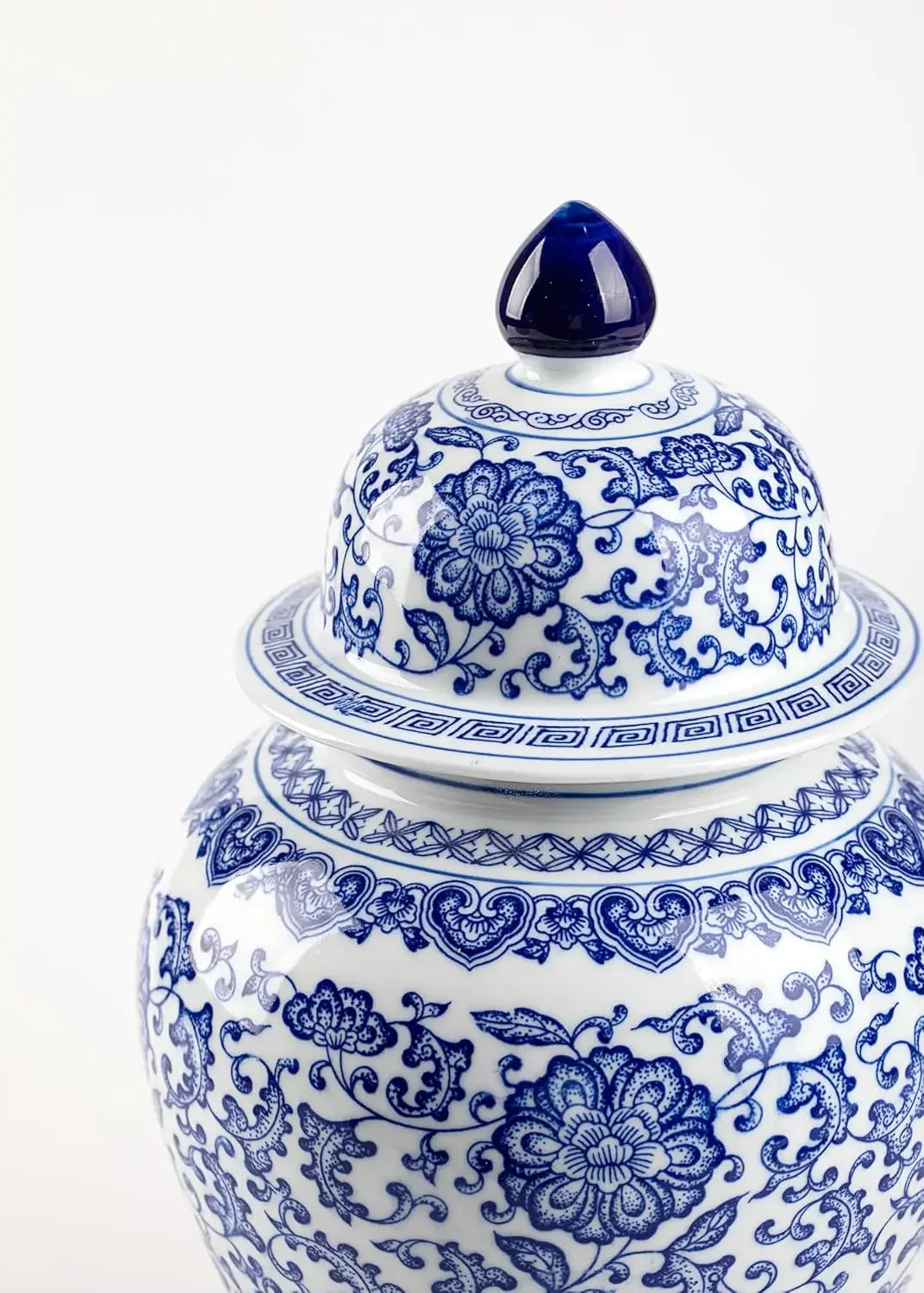 15 Zoll hohe glänzende Keramik-Ingwer-Vase, blau-weiß, Chinoiserie-Dekor