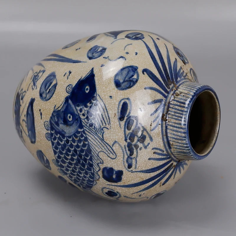Yuan Blue And White Hand-painted Fish Bath Pattern Lotus Seed Jar