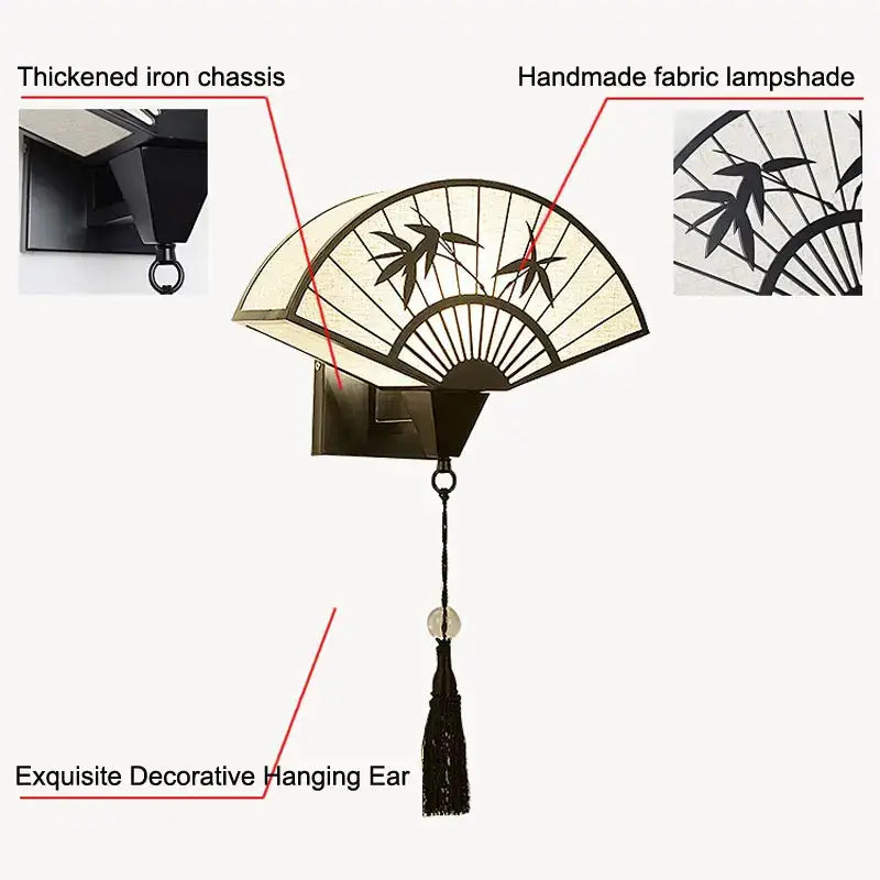 Lámpara de pared de hierro forjado estilo chino para ventilador, sala de estar, aplique de hoja de bambú