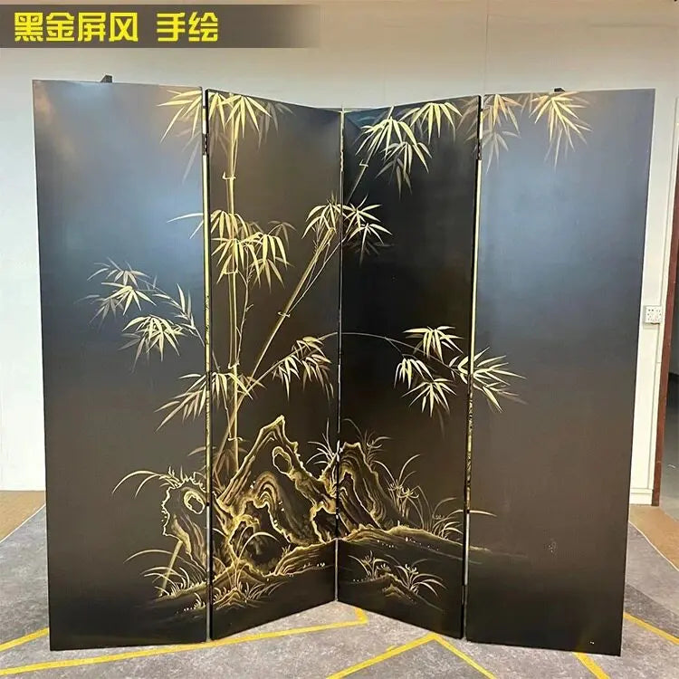 Hand-Painted Golden Bamboo Black Lacquer Folding Screen | 4-Panel Room Divider