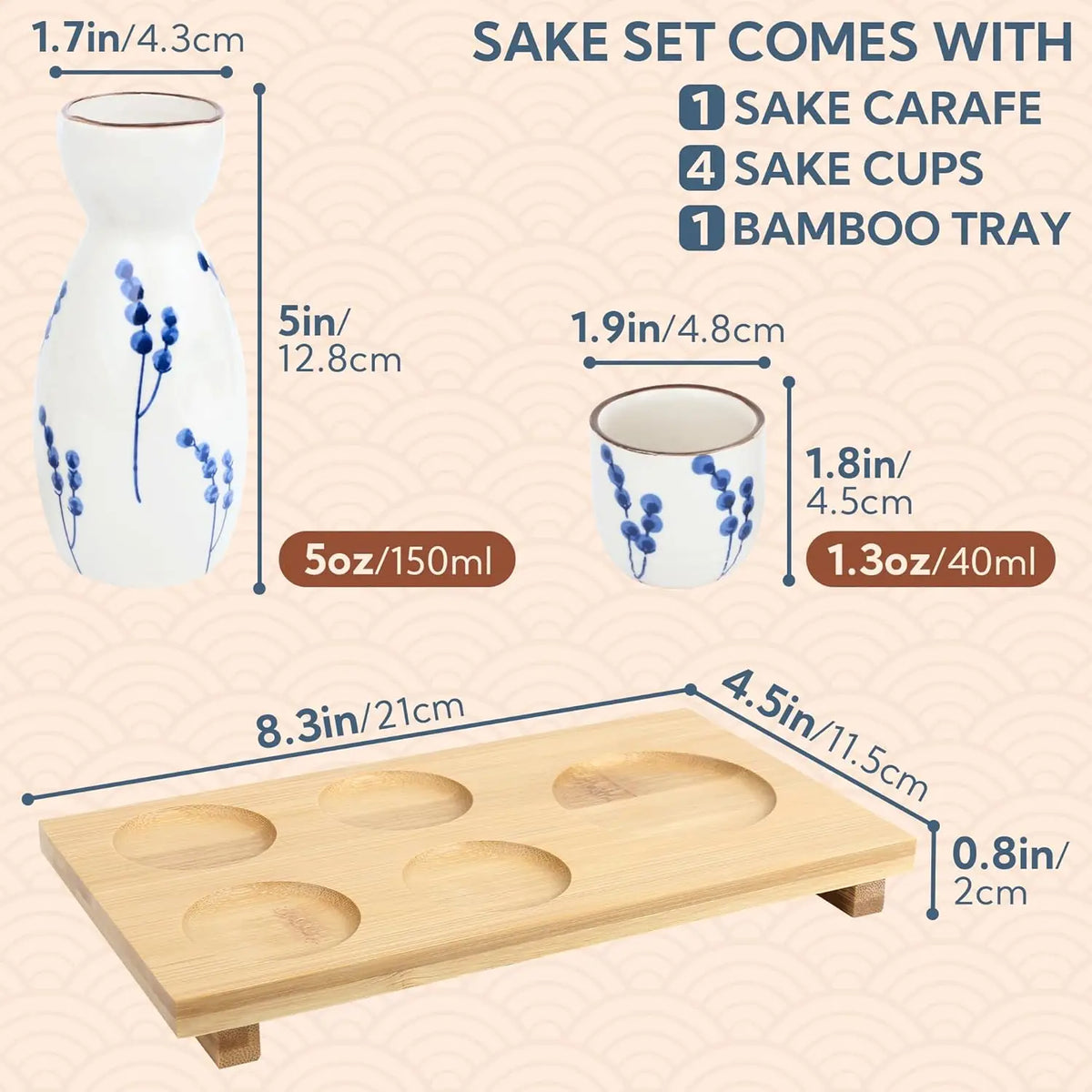 5-Piece Traditional Ceramic Sake Set – 1 Sake Carafe (Tokkuri) & 4 Cups (Ochoko)