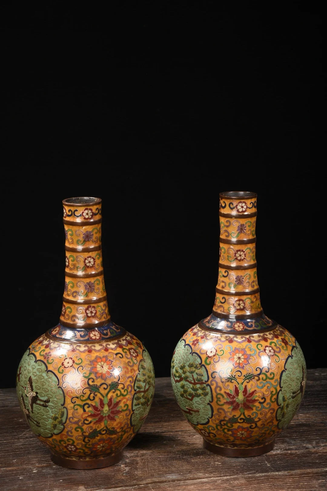 Tibetan Purple Bronze Cloisonné Pine & Crane Vases (Pair, 14")