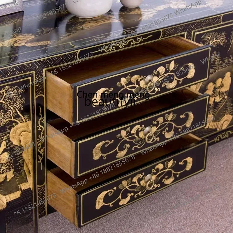 Solid Wood Traditional Gold-Painted Chinese TV Cabinet – Retro Low Credenza (180 cm)