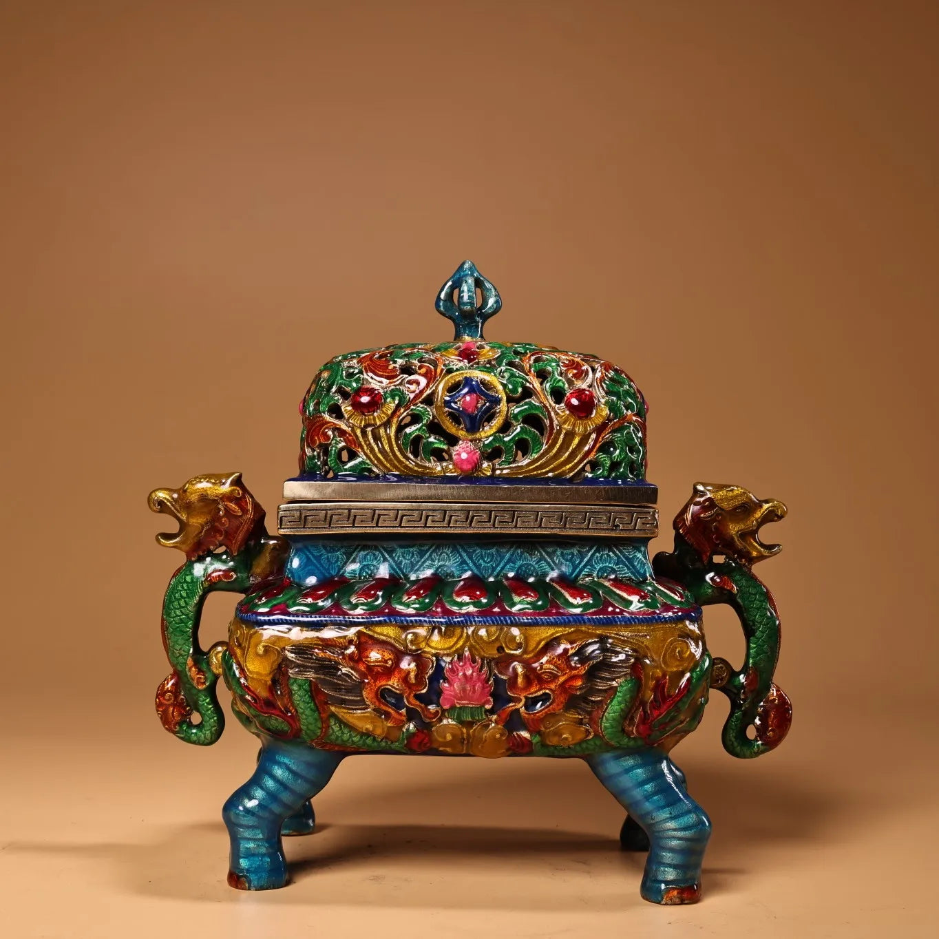 Temple Collection Bronze Cloisonné Phoenix Censer – Hollow-Cover Dragon-Ear Incense Burner